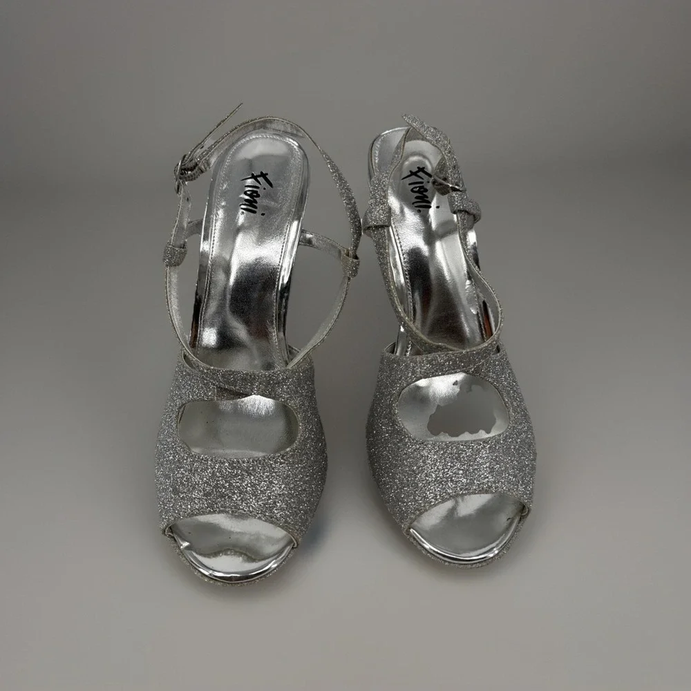 FIONI Night Size 8  Silver Glittery Open Peep‎ Toe Platform Sandals 5